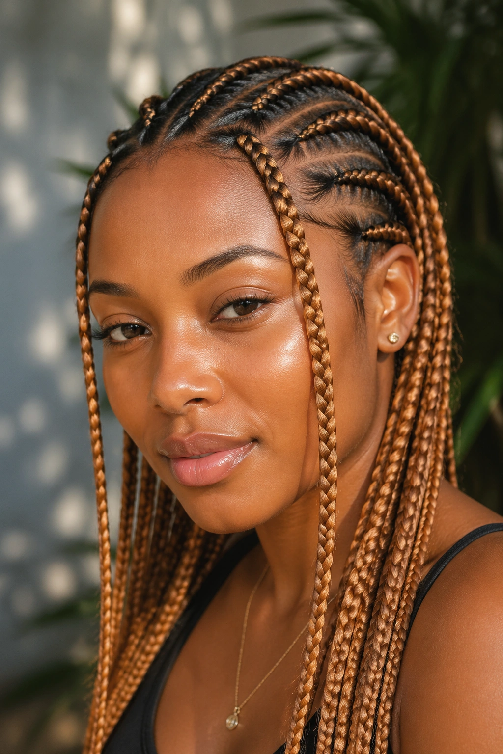 Close-up of cornrows with copper-gold color near the face against warm skin tone.