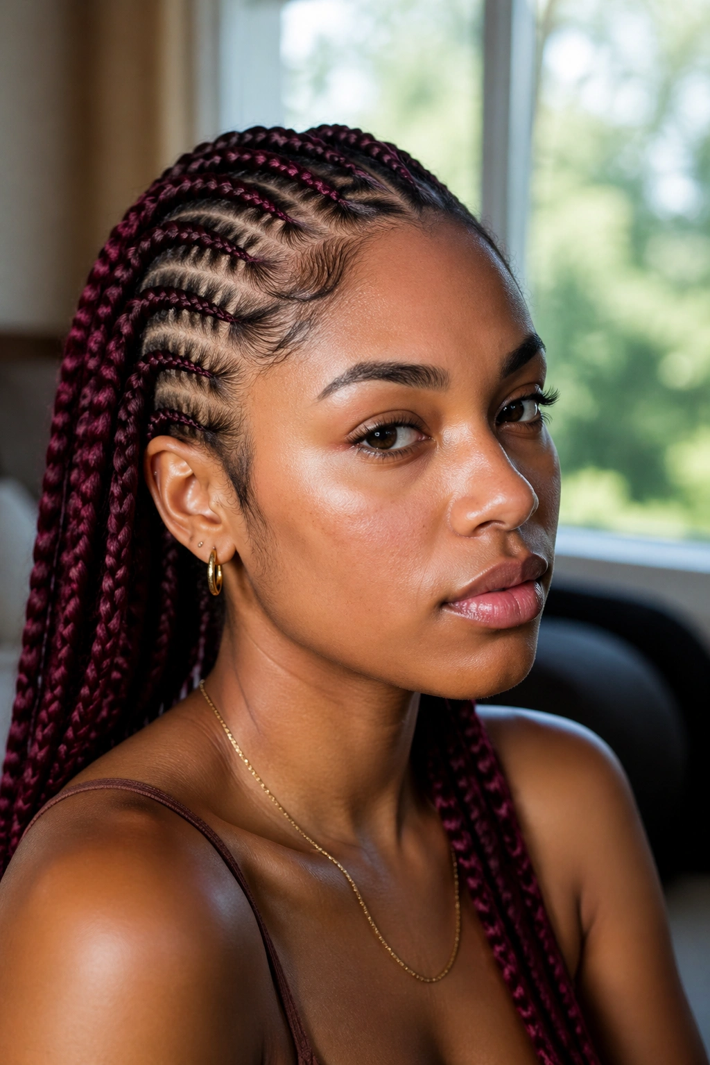 Close-up of hair color chosen to flatter skin tone in natural daylight