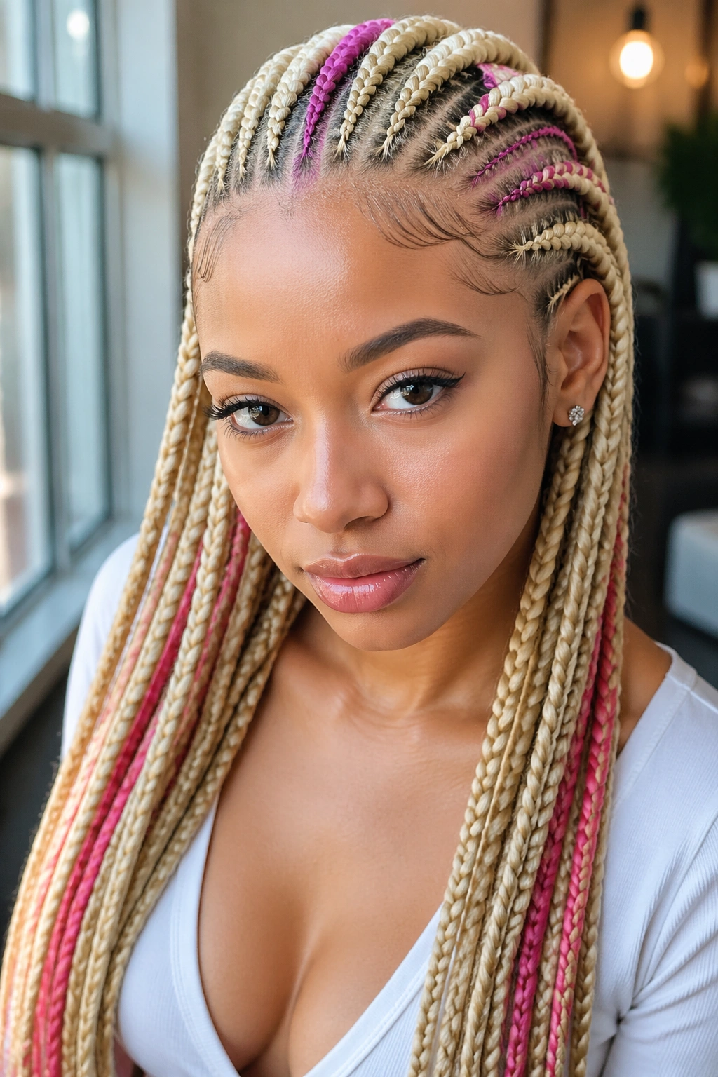 Frontal portrait of blonde cornrows with bold color streaks on a real woman