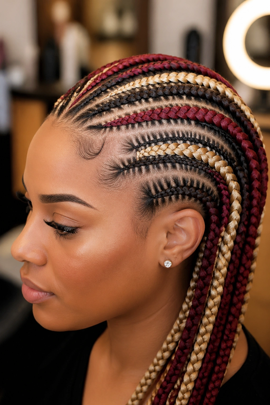 Portrait showing color theory in feed-ins with high-contrast tones on natural hair