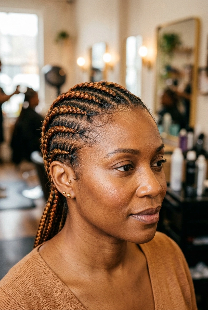 Close-up of cornrows in copper hues flattering warm skin tone