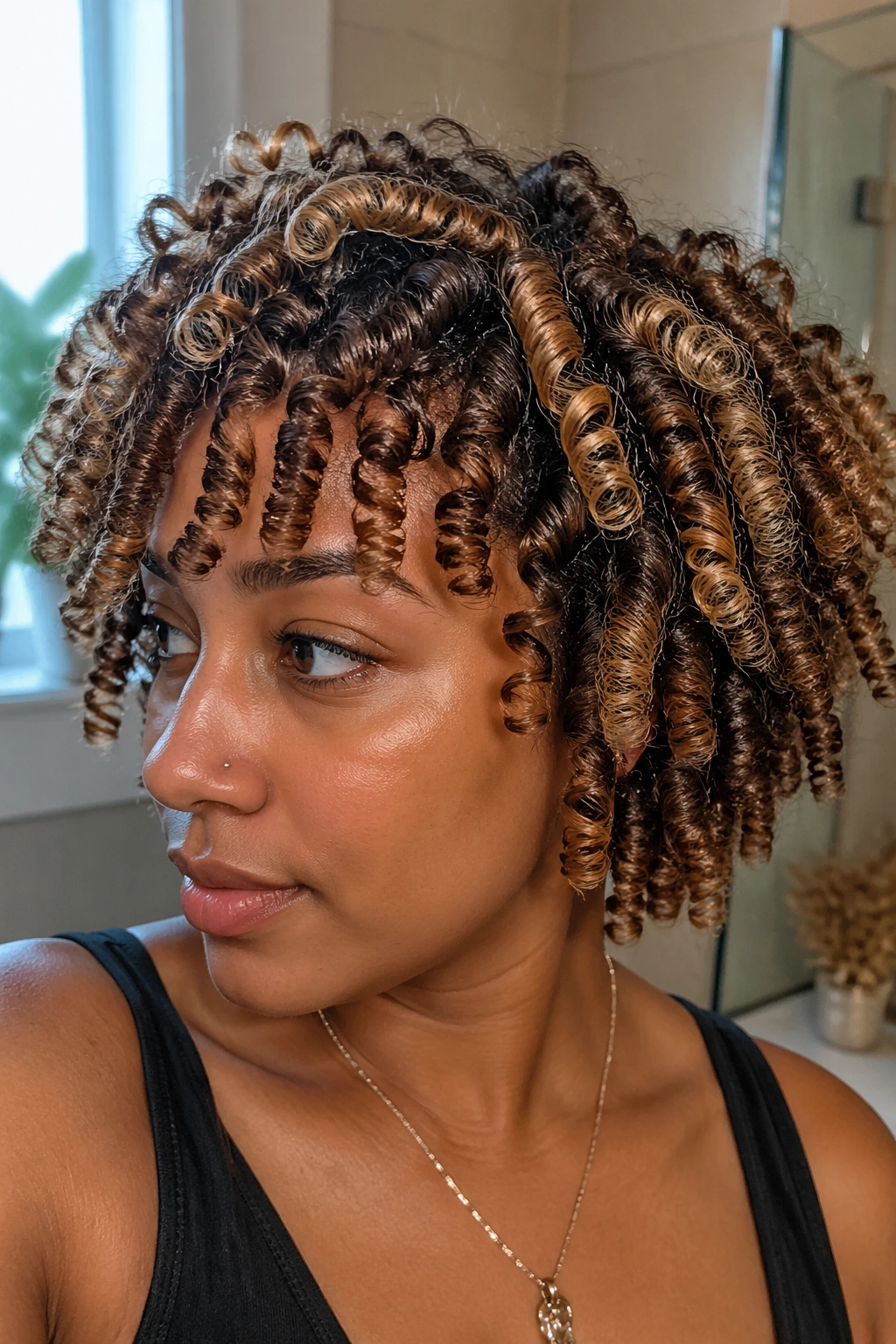 Close-up of color-treated natural hair with straw curls on a real person, warm window light