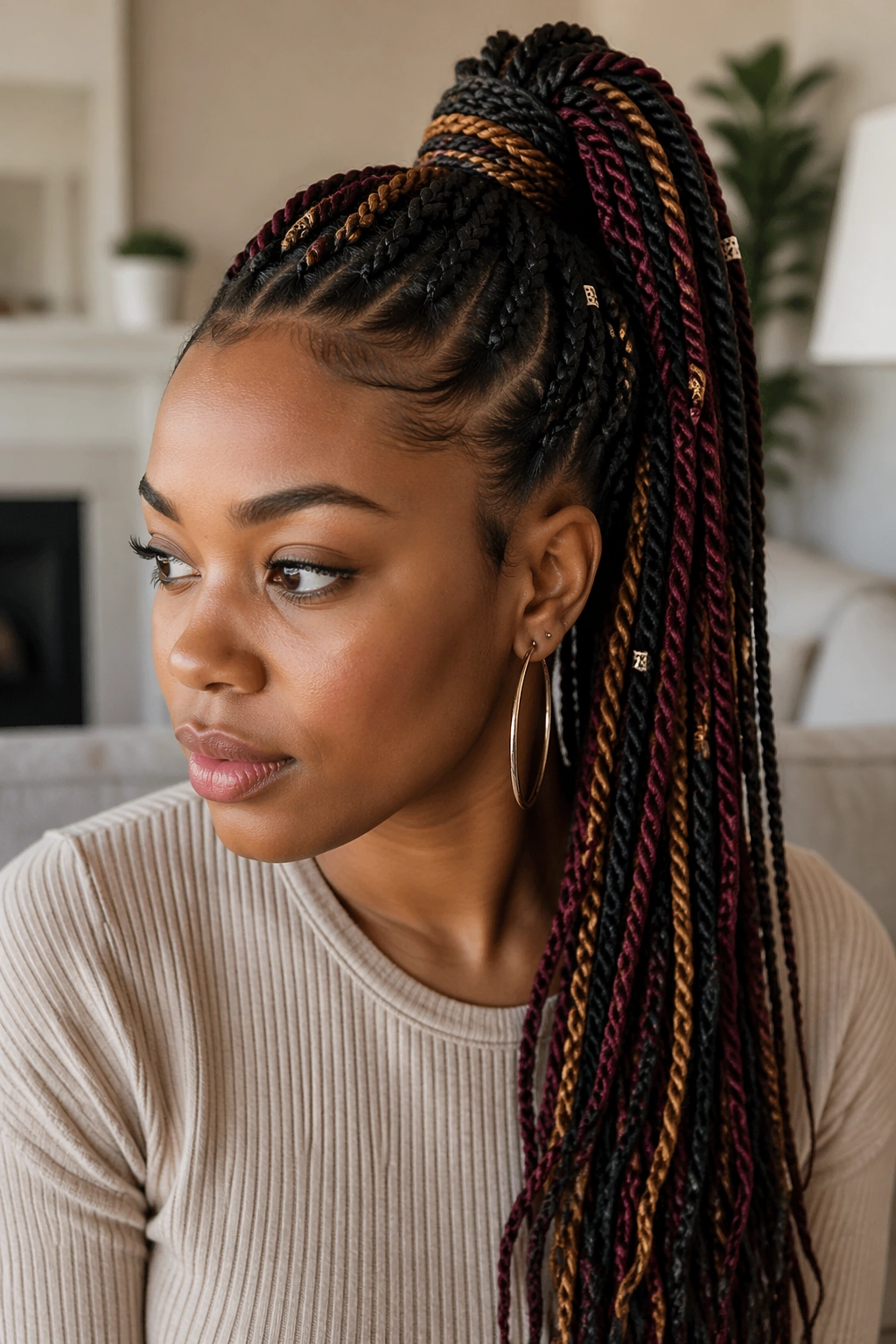 Real woman with color-pop twist braided ponytail in living room