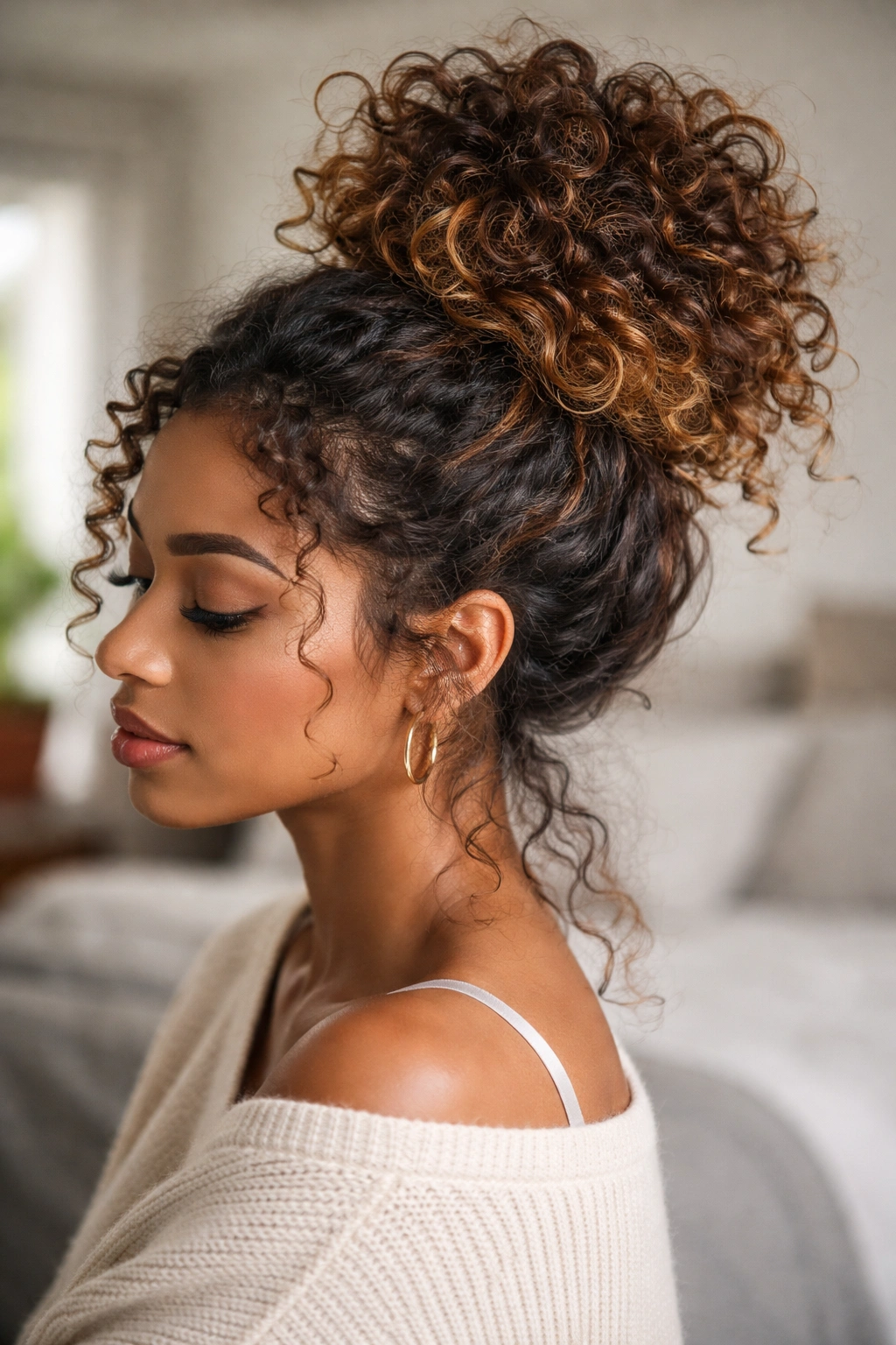 Close-up of a real woman with color-varied bun showing dark roots and lighter ends