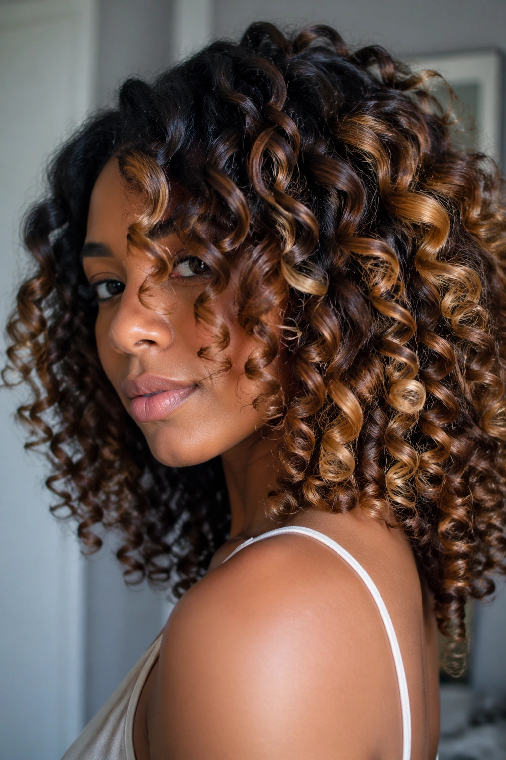 Close-up of color wand curls on a real person with multi-tonal hair