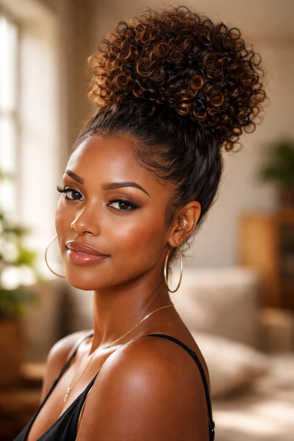 Close-up of a Black woman with color-dimensioned high bun catching light