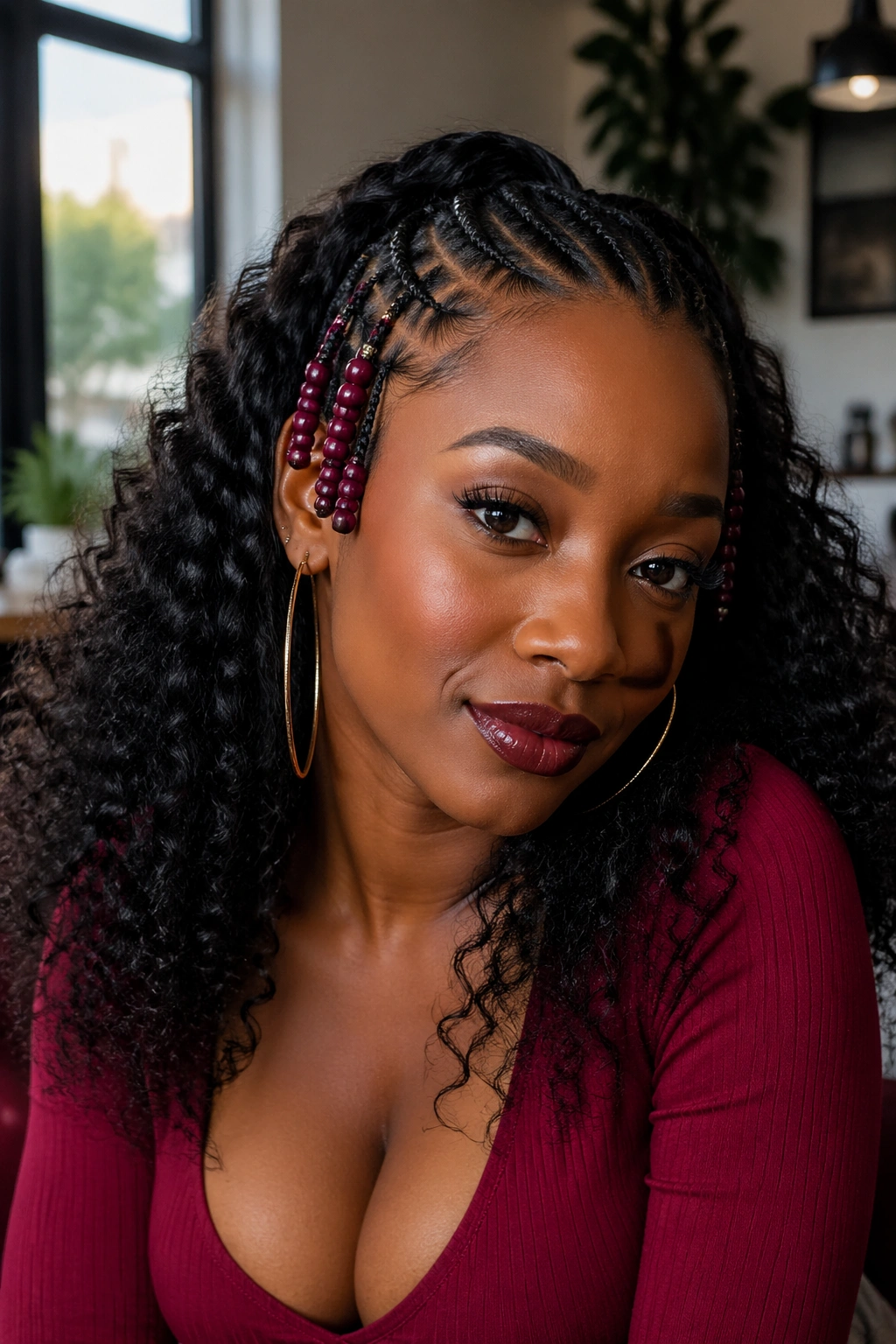 Close-up of front half cornrows with beads matching an outfit on a real person