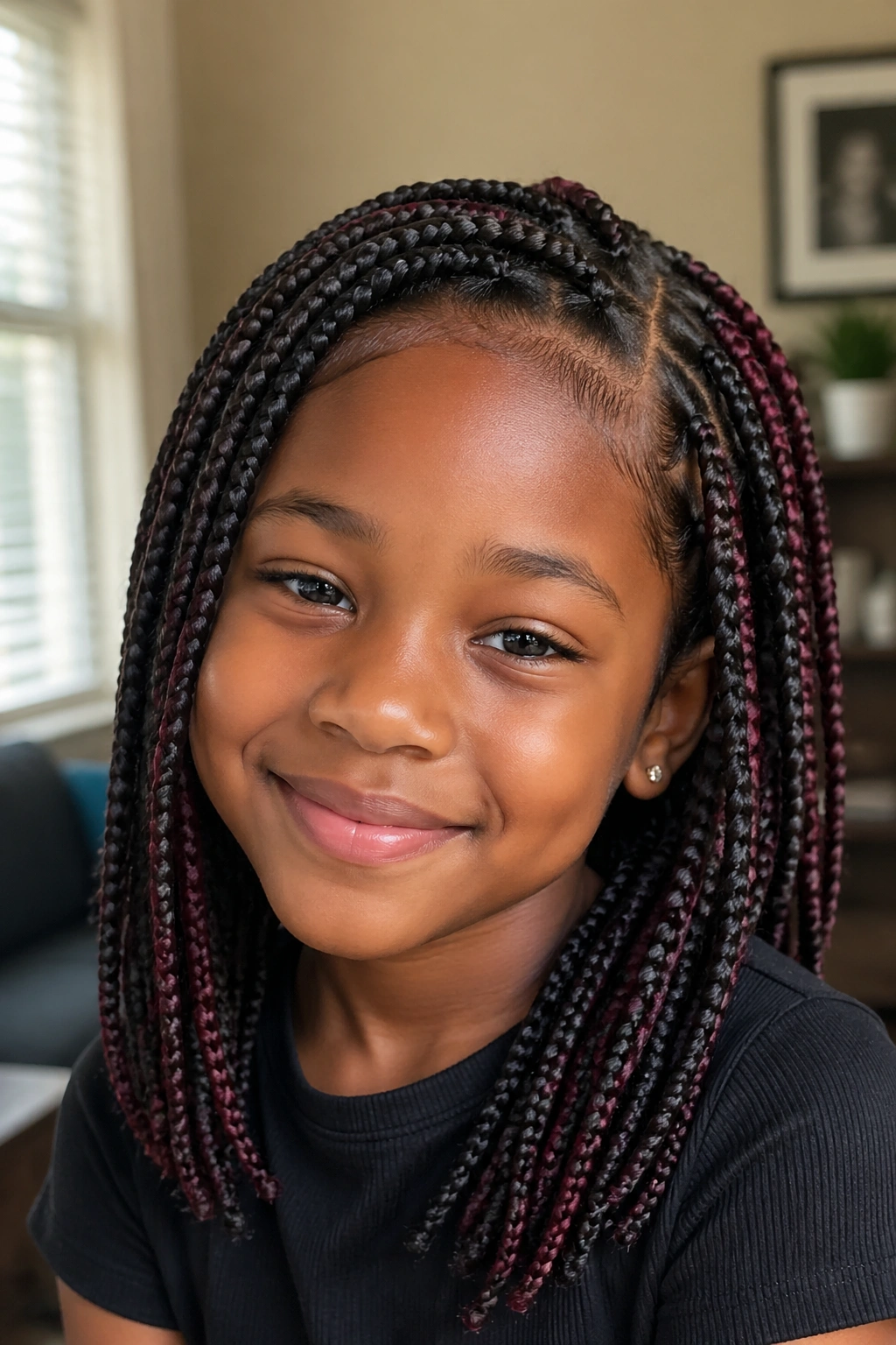 Close-up of a girl with burgundy-colored extensions in box braids