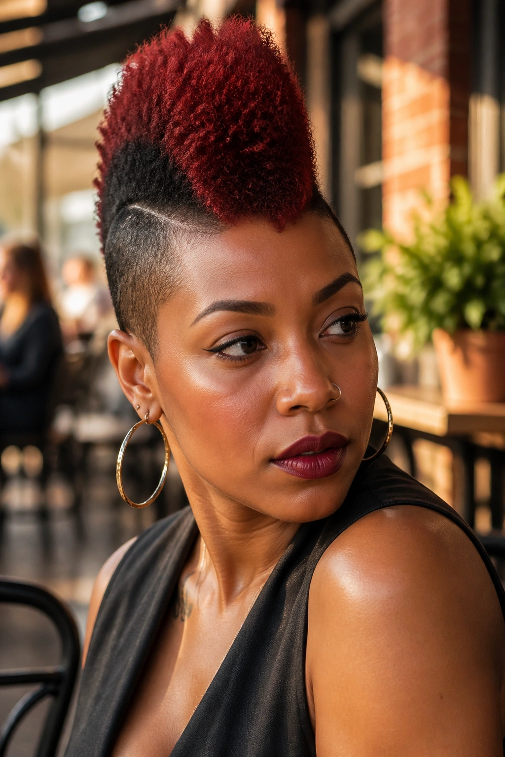Close-up of a real woman with a colored mohawk center strip
