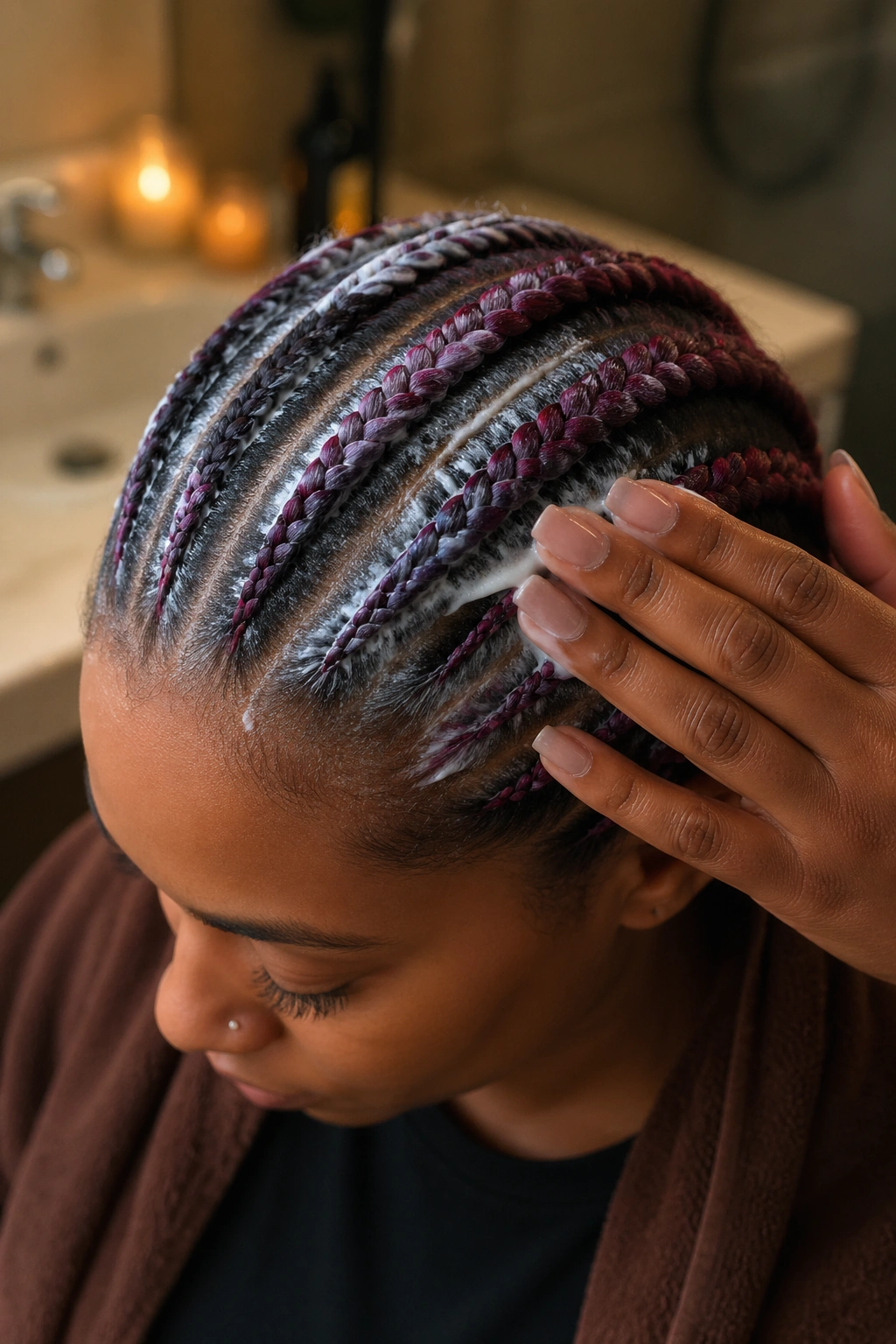 Close-up of colored cornrows with conditioner applied along braids