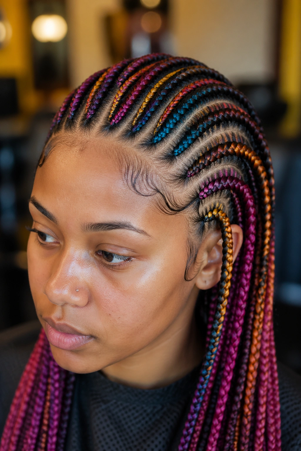 Close-up of vibrant colored cornrows on a real person in a warm salon