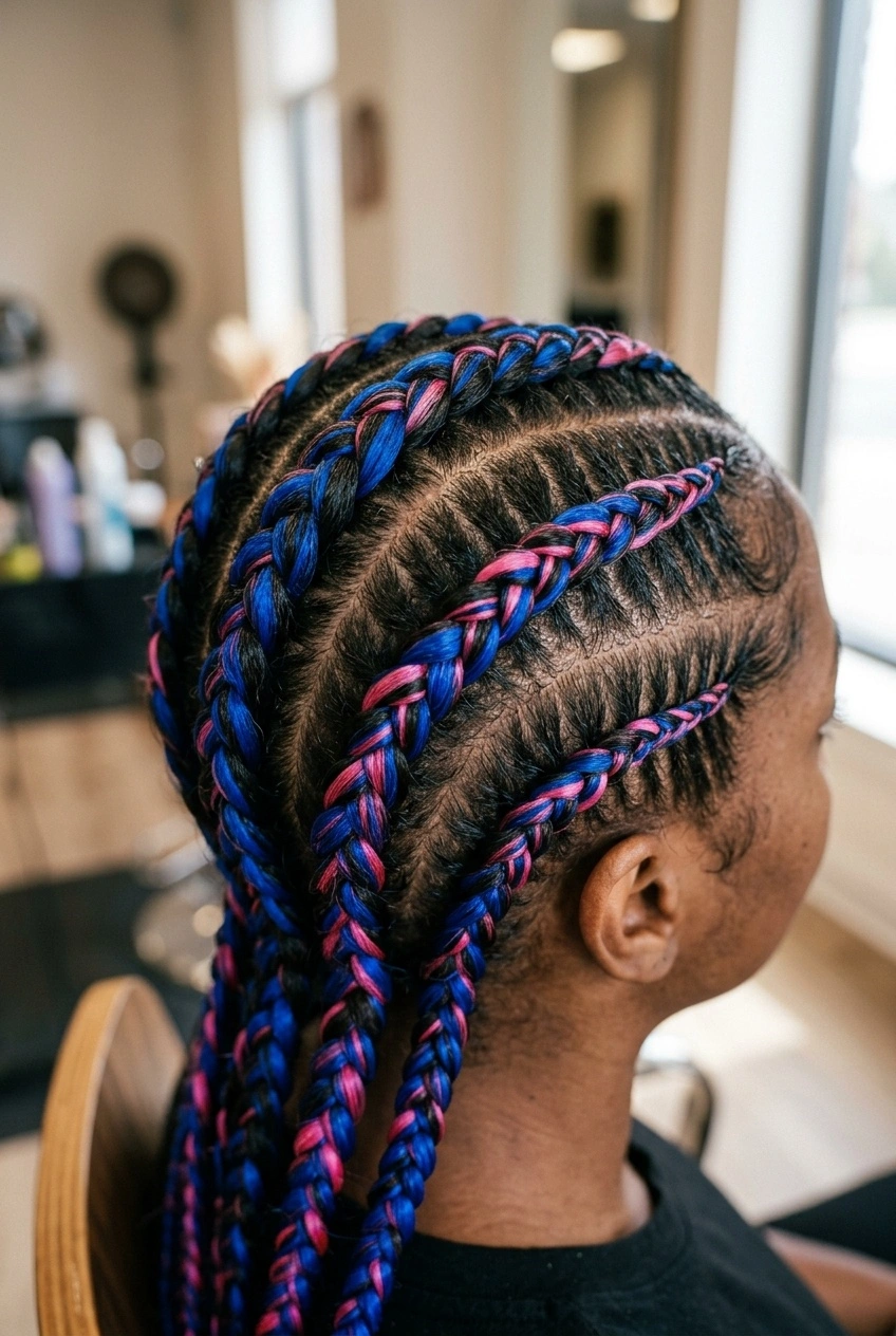 Close-up of colorfully braided cornrows on a real person in a salon