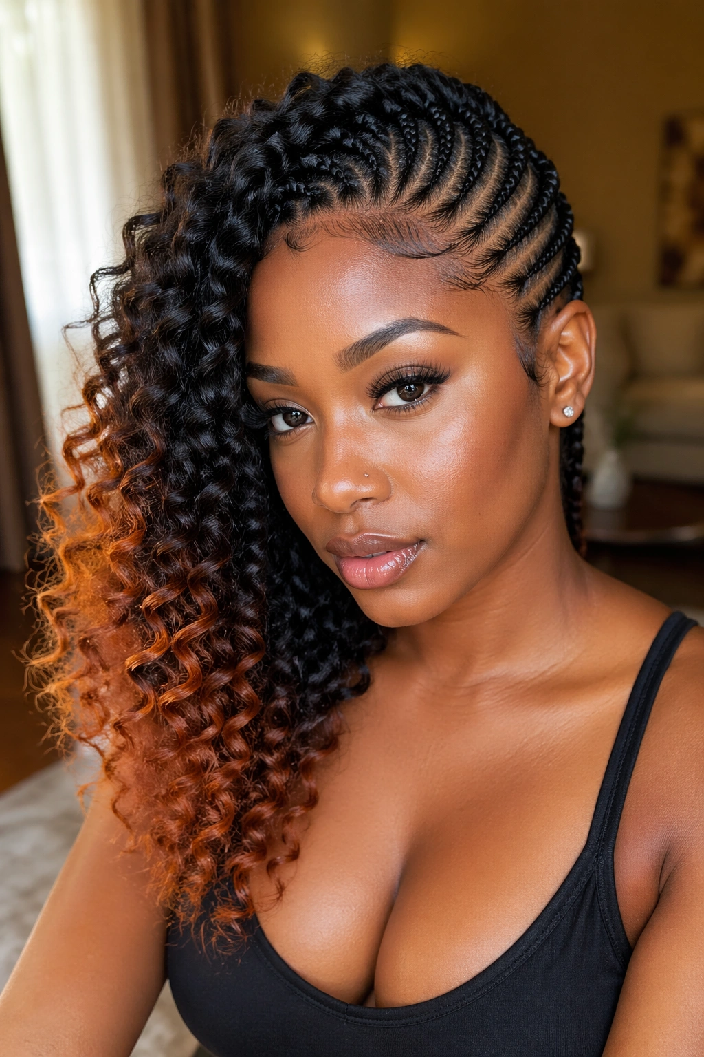 Real woman with black braids and copper-toned curl ends