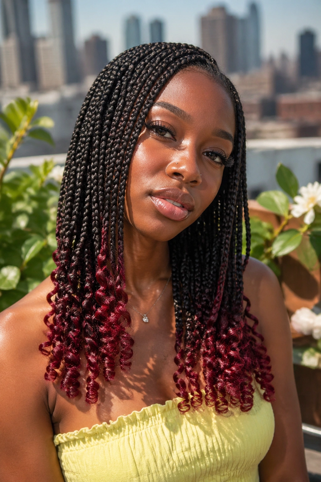 Real woman with braids and colored curl ends on a sunlit rooftop.