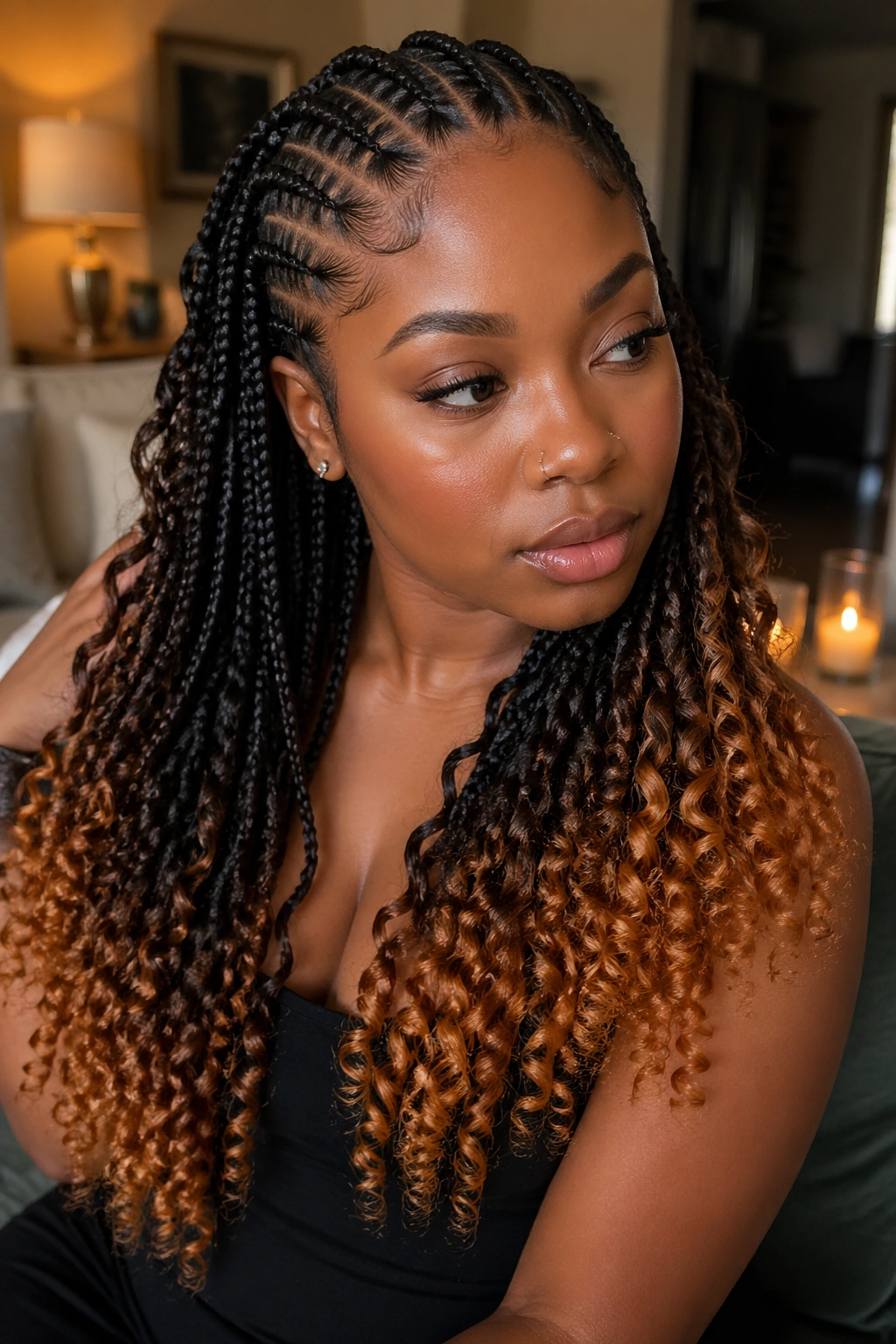 Close-up of real woman with colored curl ends on feed-in cornrows.