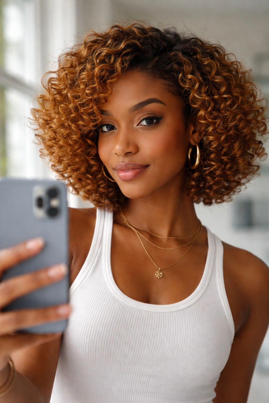 Colored curly bob catching light to highlight texture.