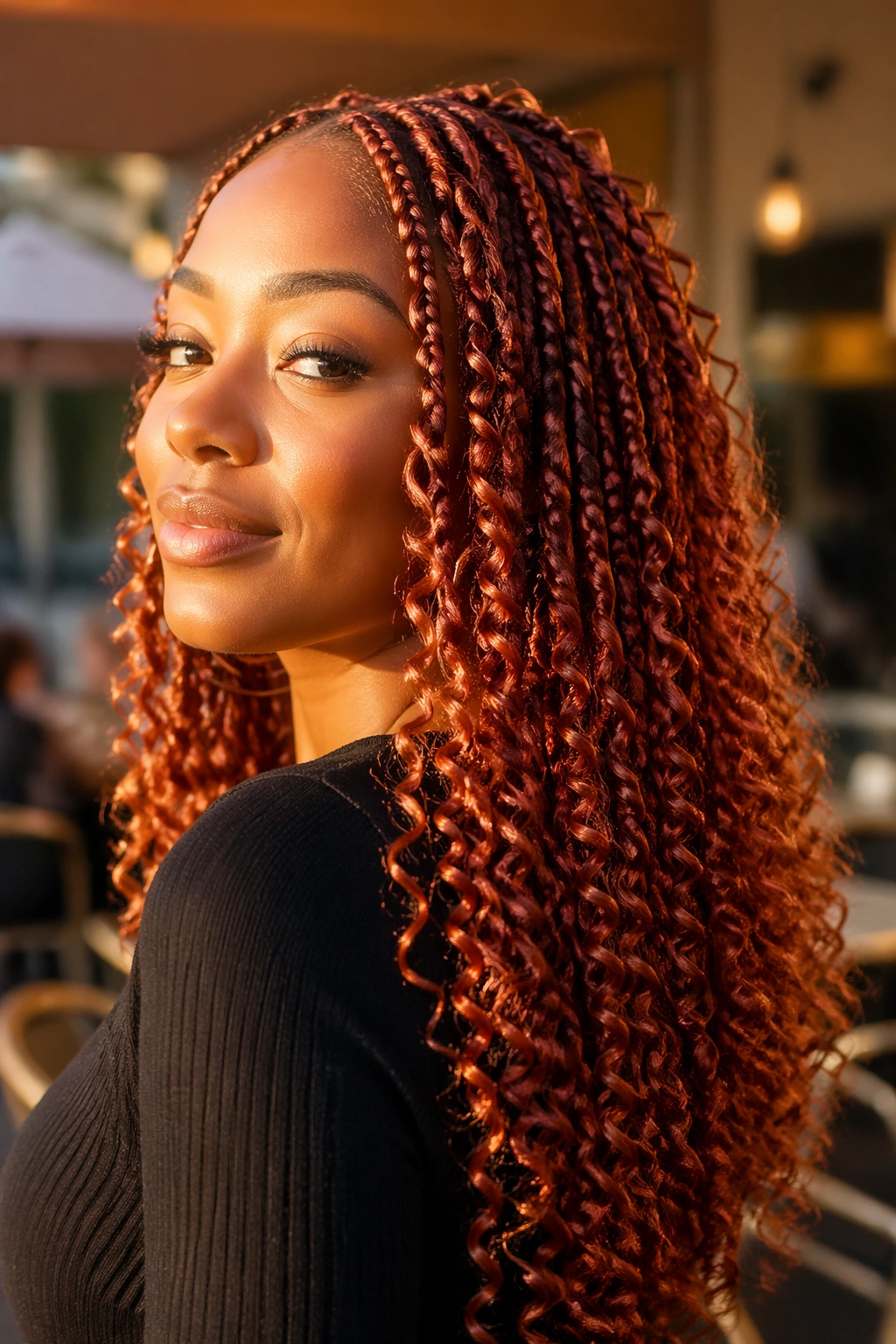 Real woman with copper-colored curly box braids photographed in warm outdoor light.
