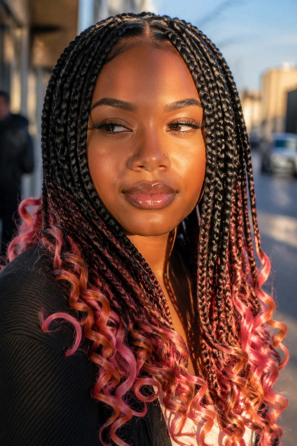 Real woman with boho box braids featuring colored curly pieces at the ends.