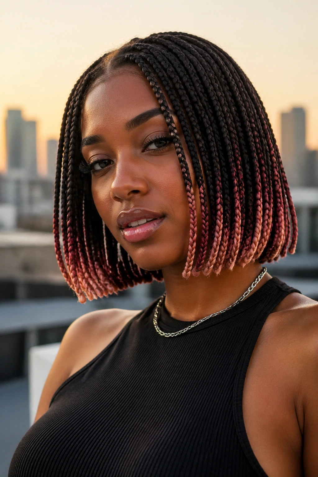 Close-up of a real woman with colored-end bob braids in warm golden hour light.
