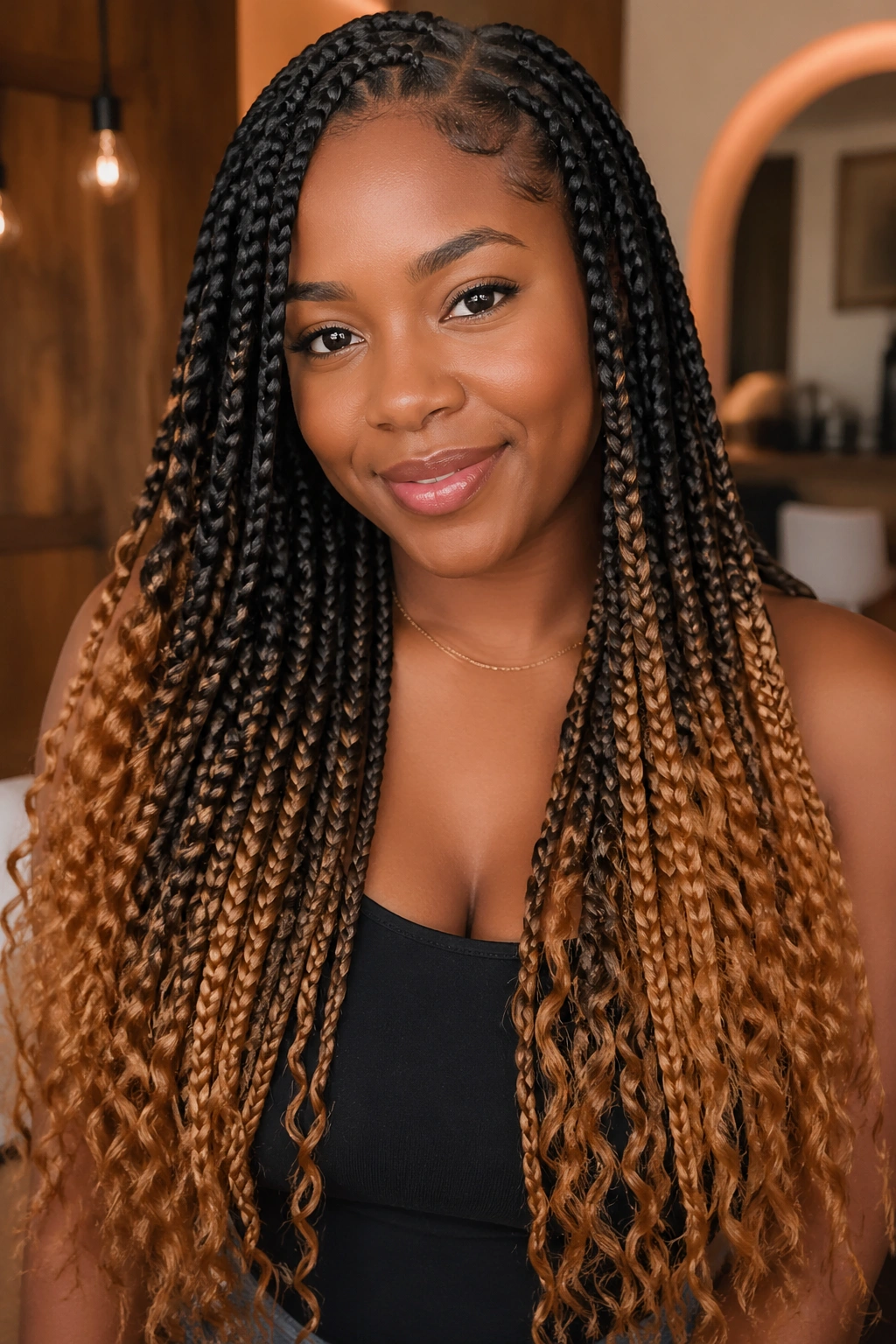 Close-up of a real woman with colored ends on goddess braids in a warm interior