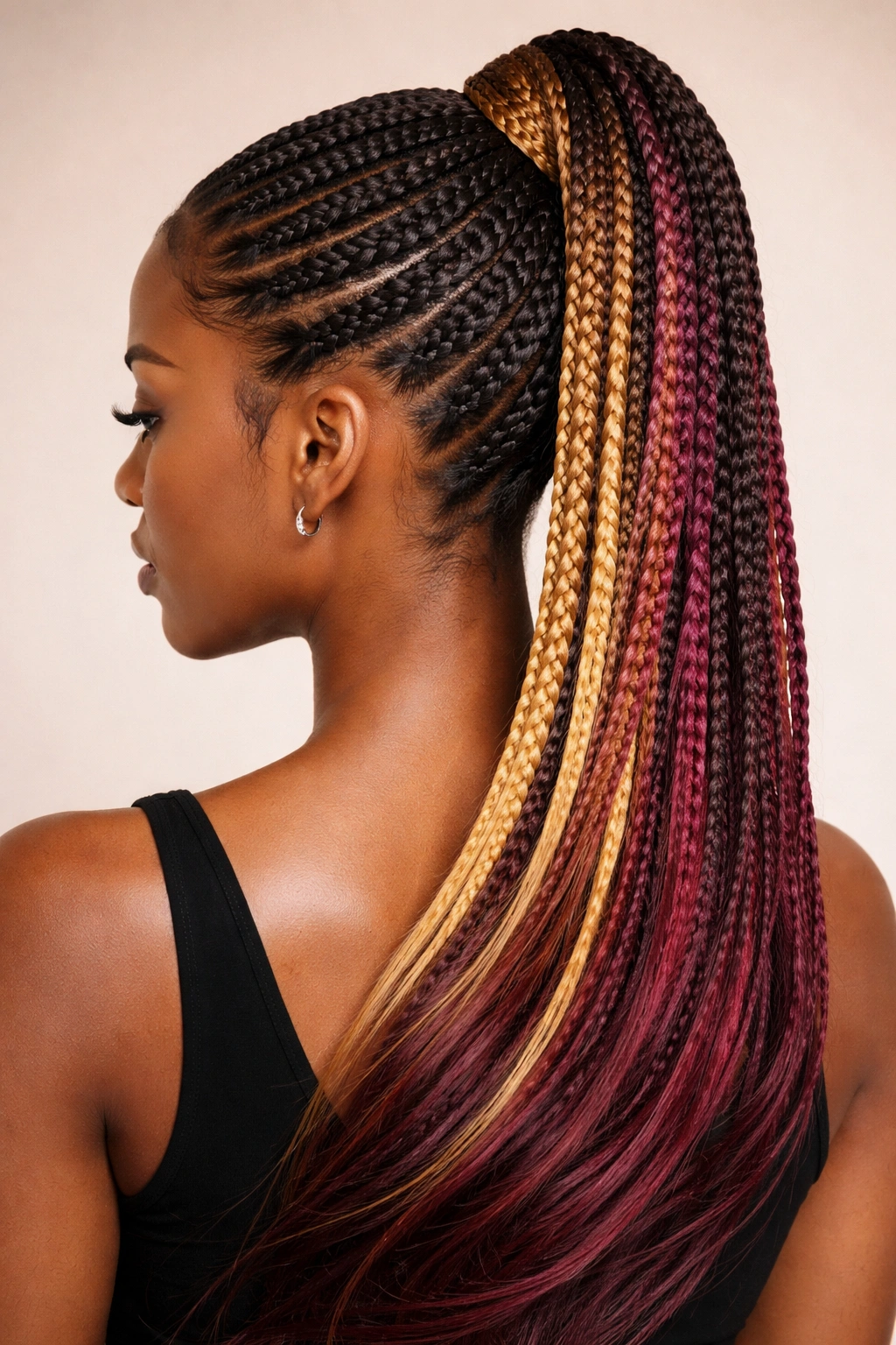 High ponytail with colored extensions in honey blonde and burgundy.