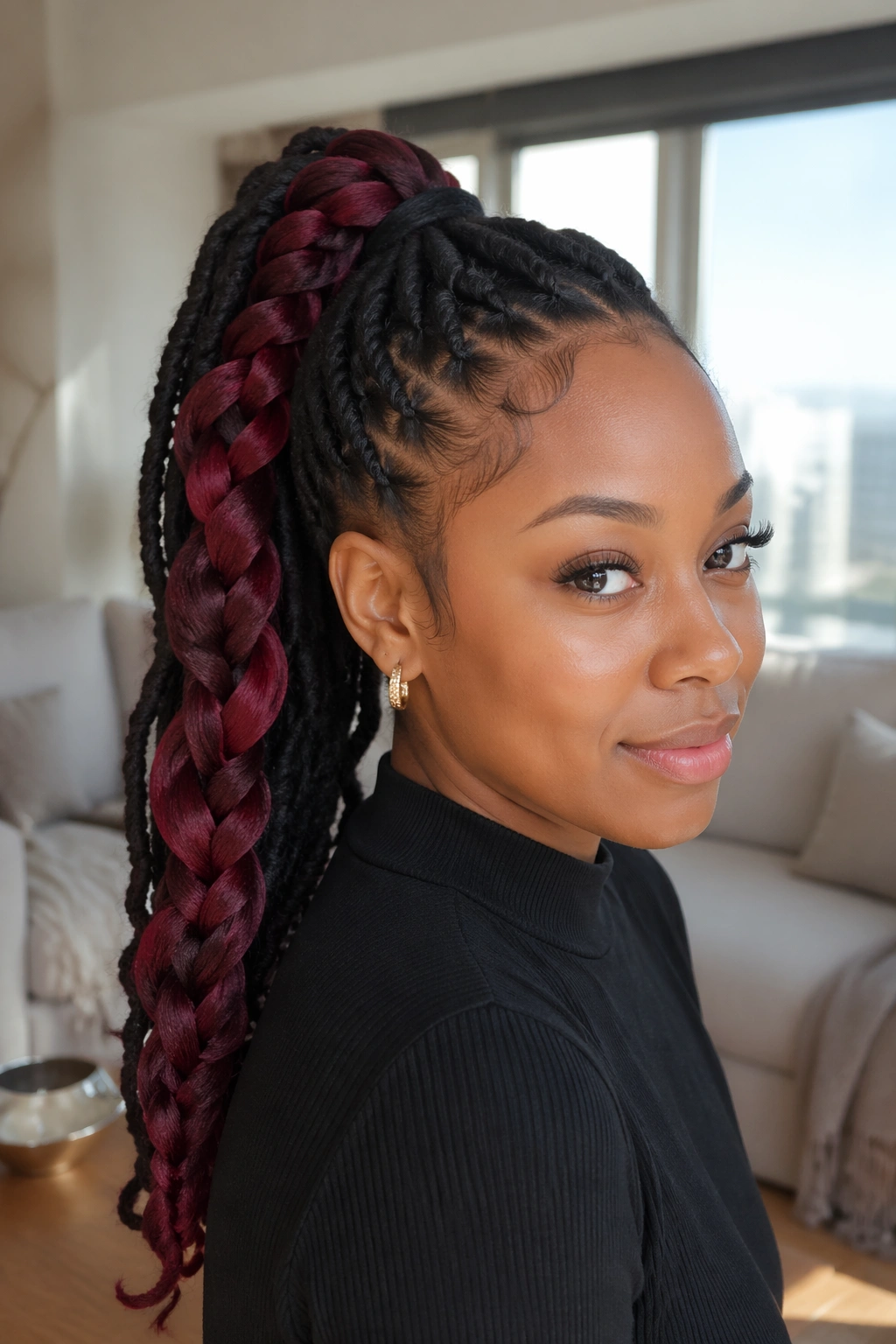 Real woman with burgundy colored extension butterfly braid ponytail woven into the braid.