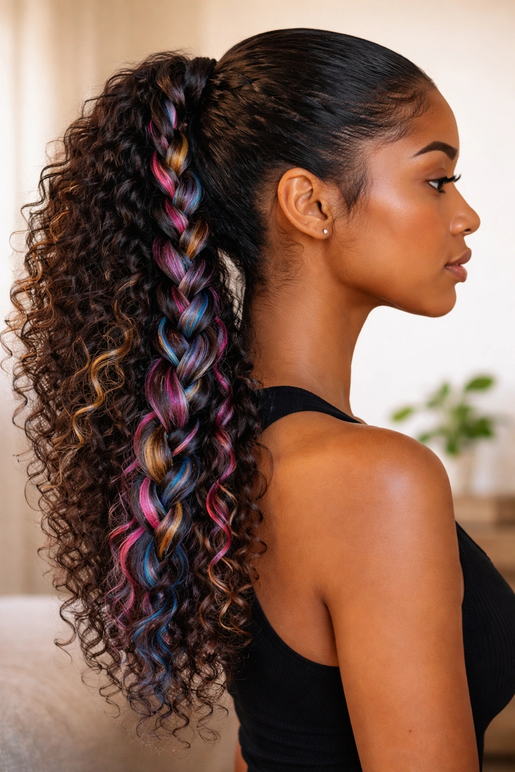 Side view of curly hair with colored extensions braided into a ponytail