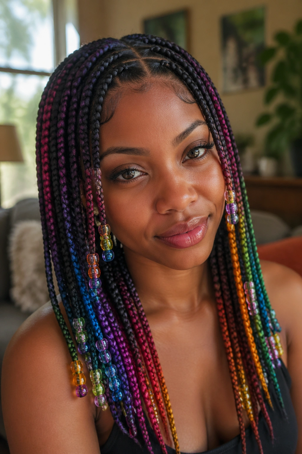 Close-up portrait of a real woman with colored knotless box braids and rainbow beads