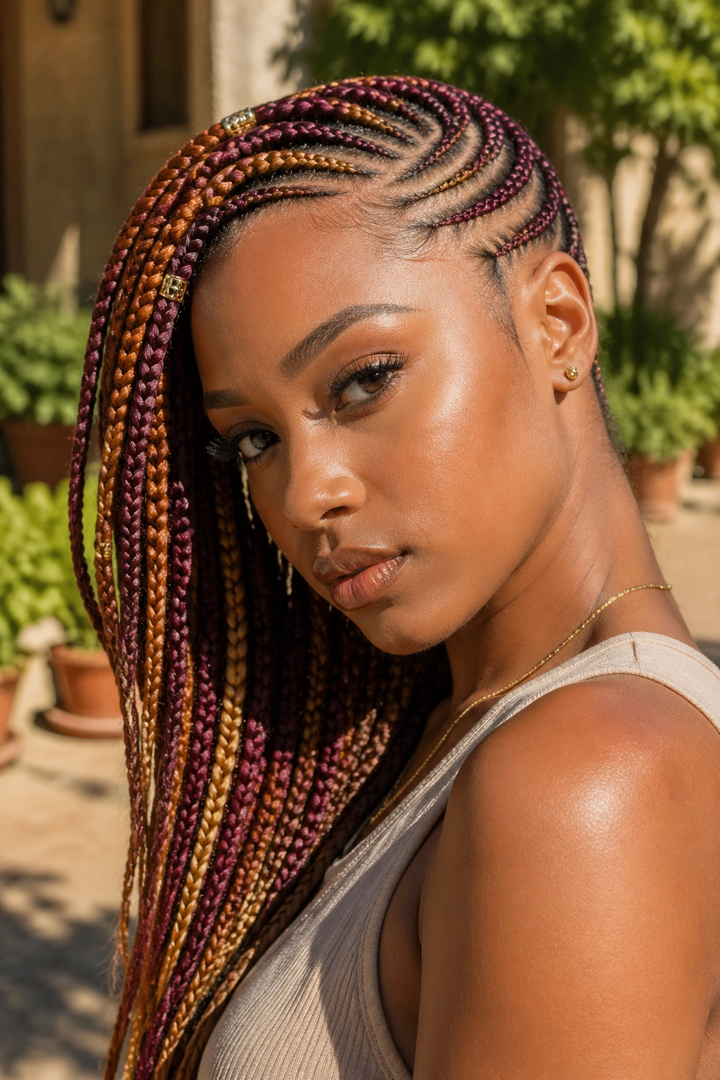 Portrait of a real woman with burgundy, honey, caramel lemonade cornrows.