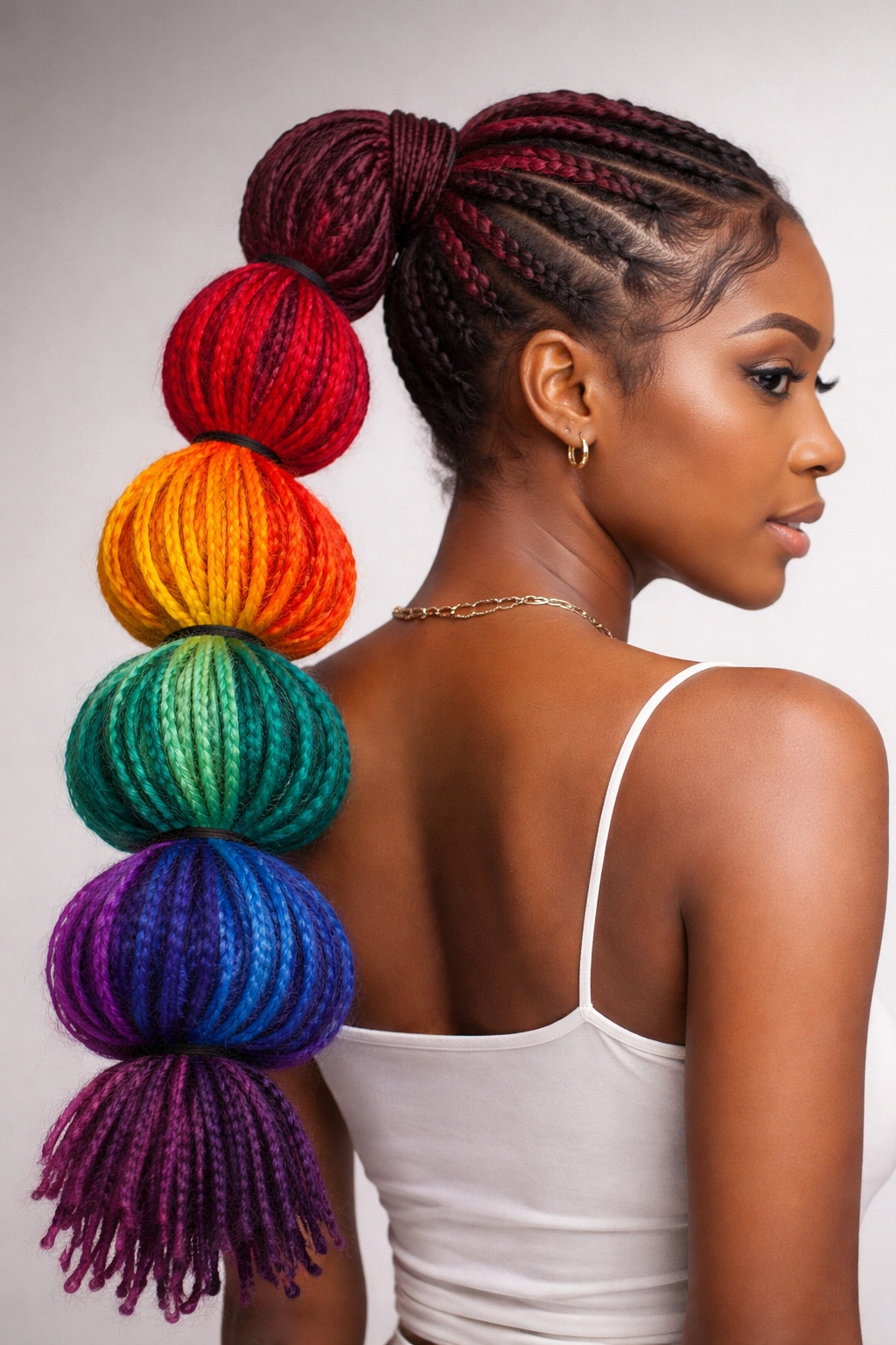Close-up of colorful locs bubble ponytail with distinct color blocks