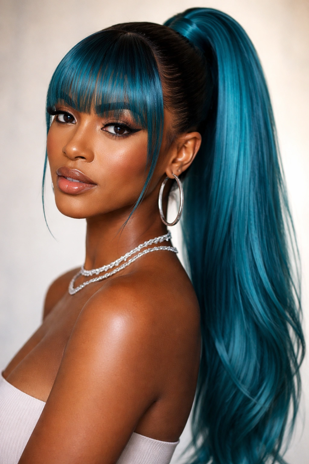 Colored ponytail with matching bangs in a cohesive color family