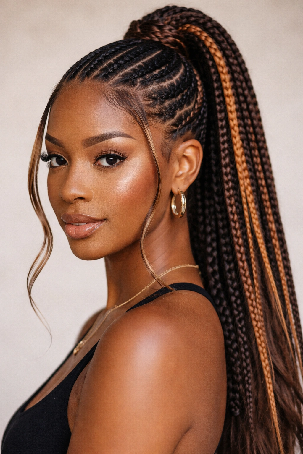 Colored feed-in ponytail with soft highlights framing the face on a Black woman