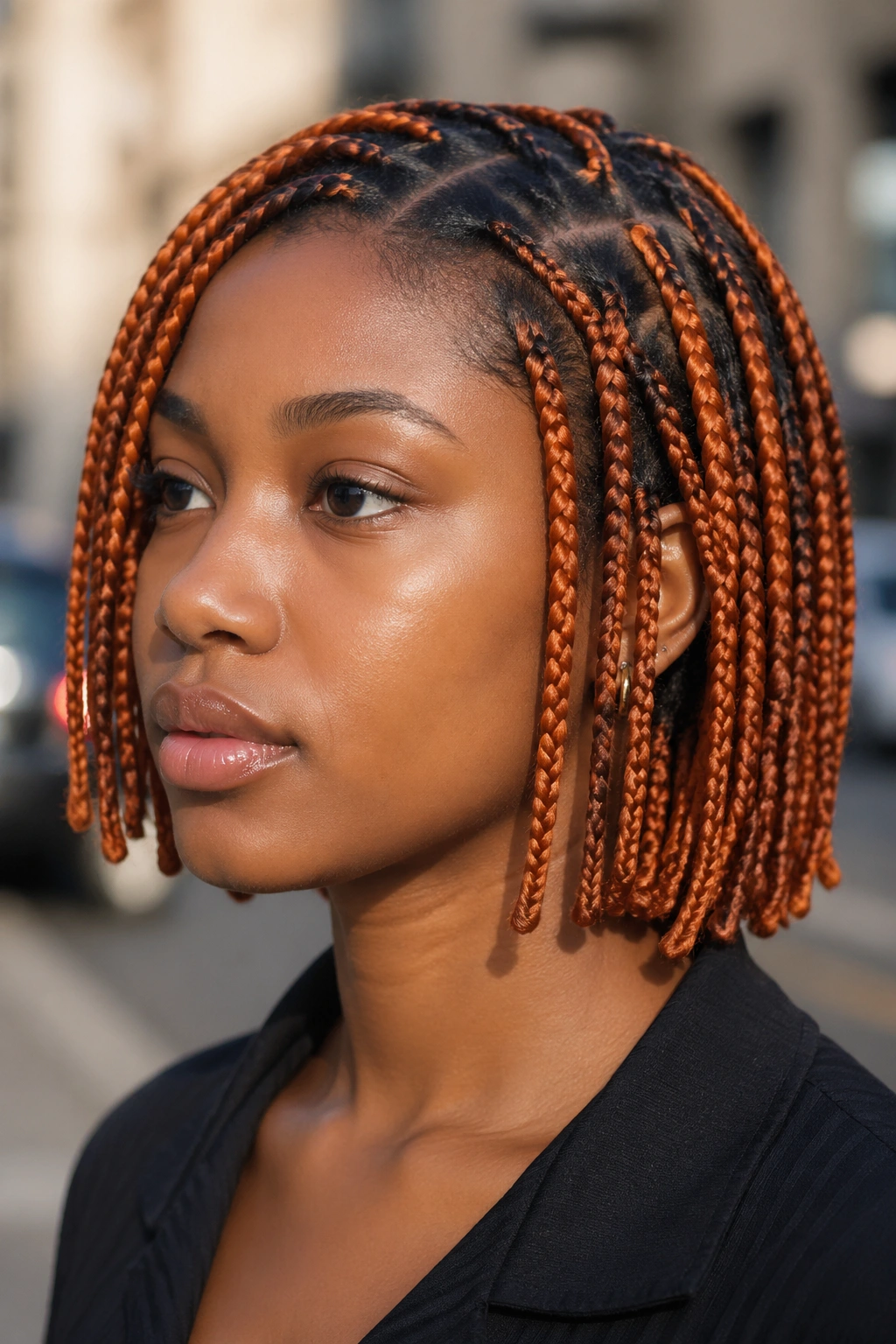 Close-up of colored short box braids on a real person outdoors