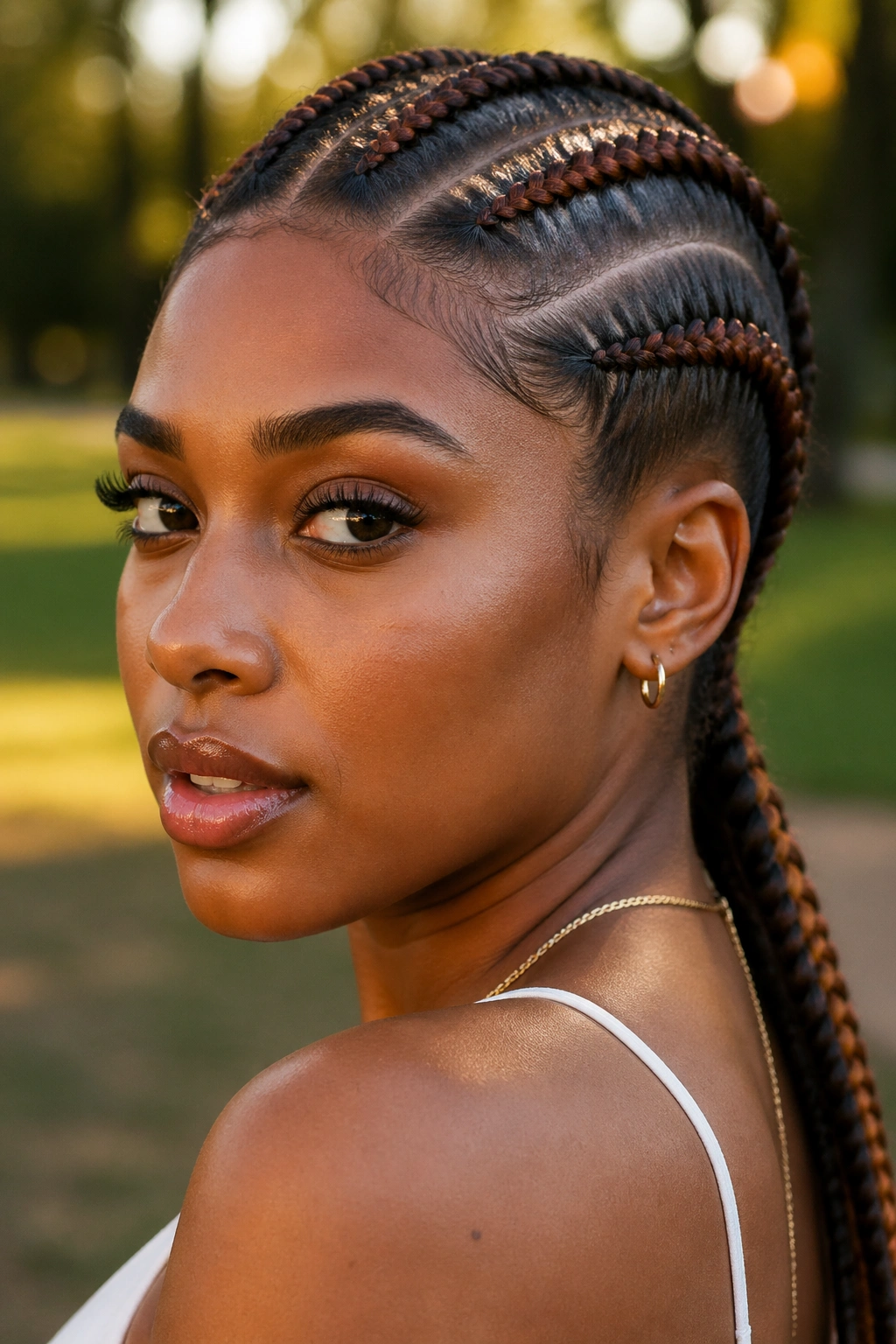 Cornrows with colored strands among natural hair on a real woman