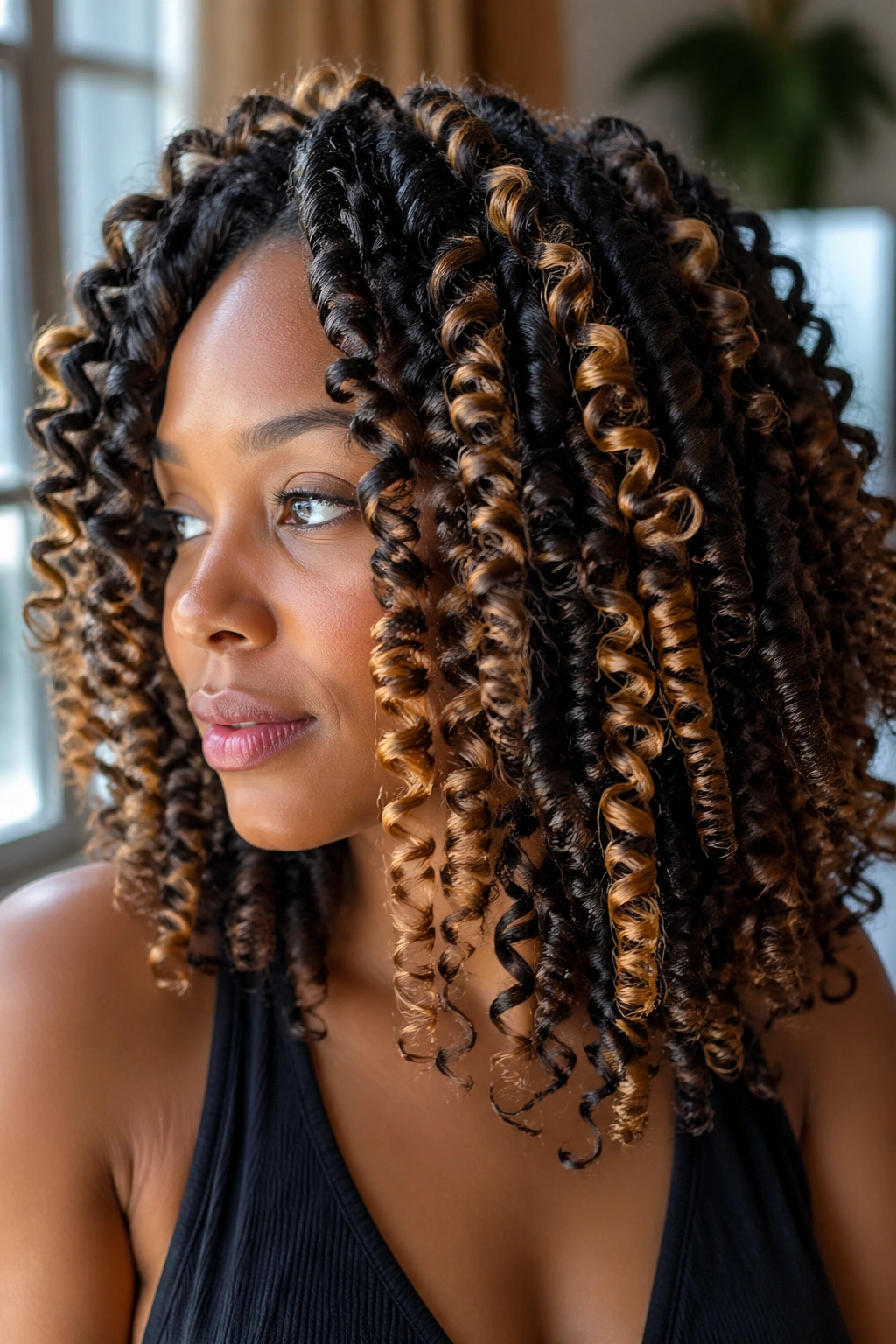 Portrait of a woman with colored wand curls