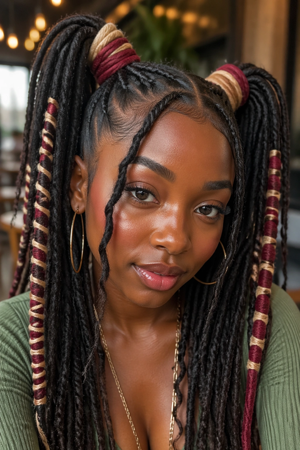 Close-up of double ponytails with colored wraps around the bases on a real person