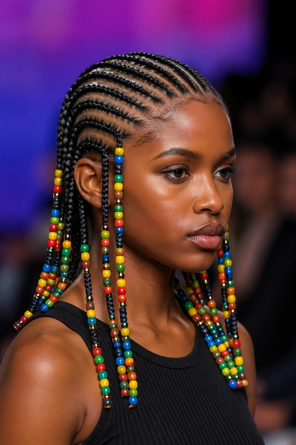 Woman wearing colorful bead-patterned feed-in cornrows on runway backdrop