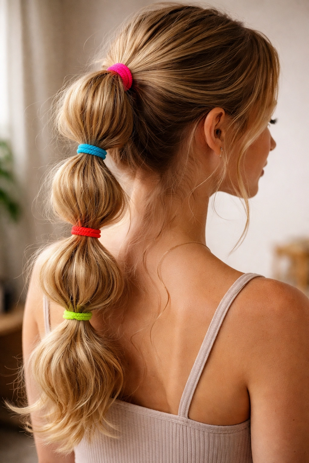 Bubble ponytail with bright colored elastics contrasting against hair