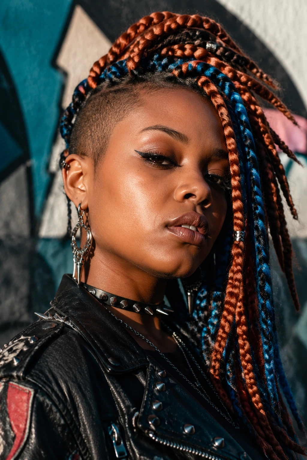Close-up of crochet braids in copper and electric blue in a punk silhouette