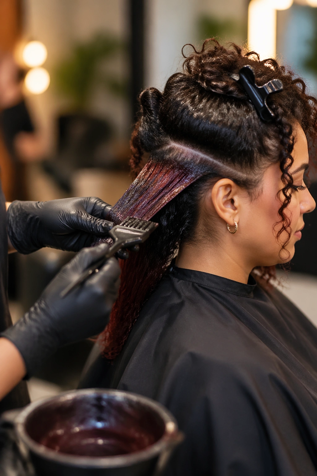 Salon scene showing dye being applied to hair on a real client
