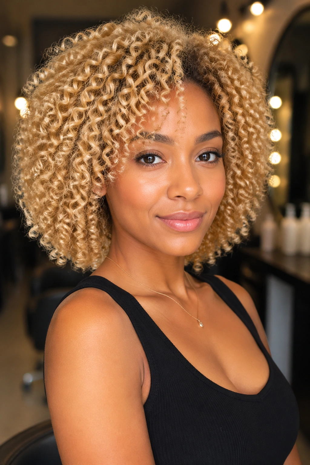 Portrait of a woman with natural blonde hair in a warm salon setting