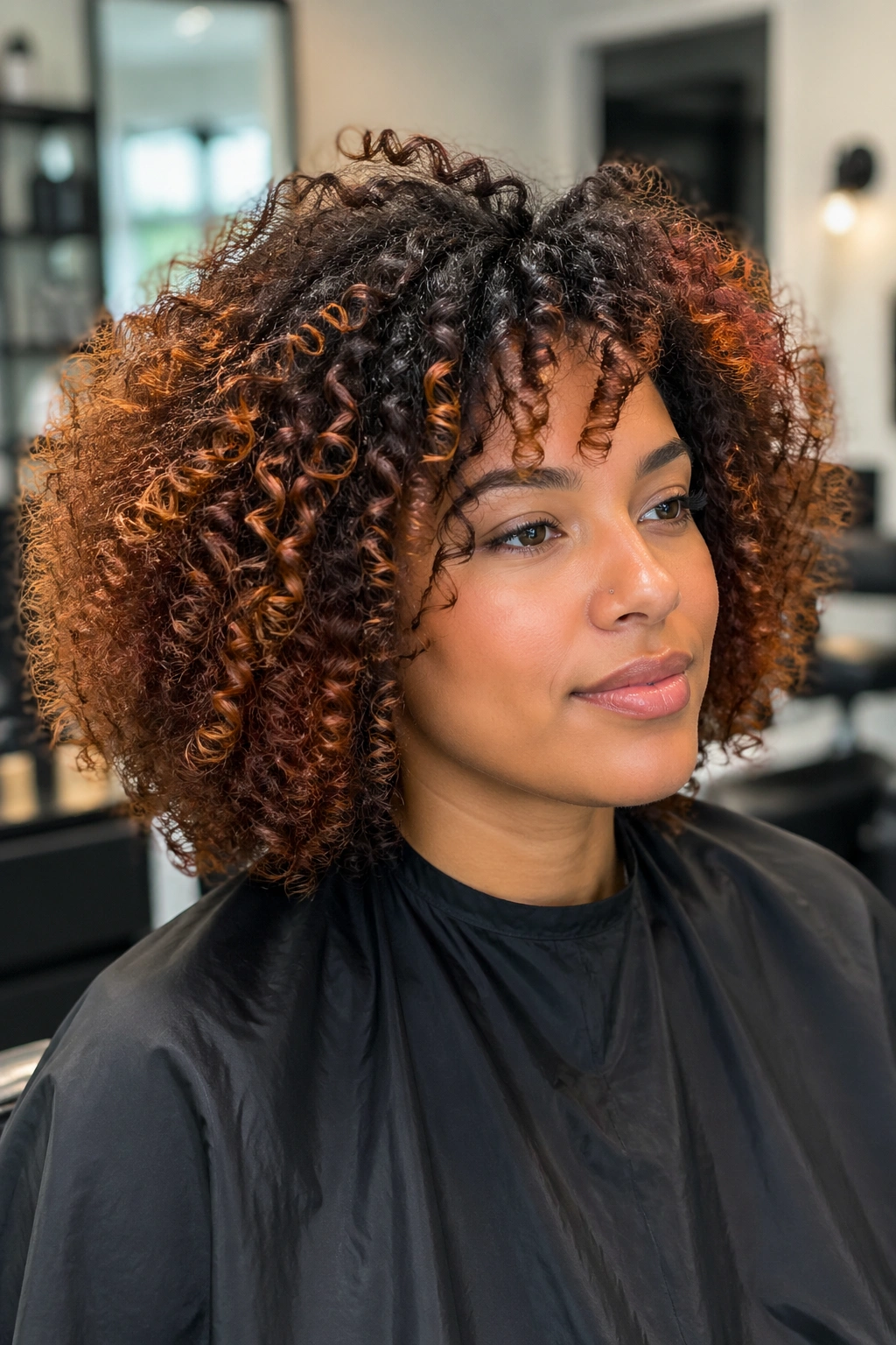 Close-up of client in salon chair with dyed curls, selecting colorist at work.