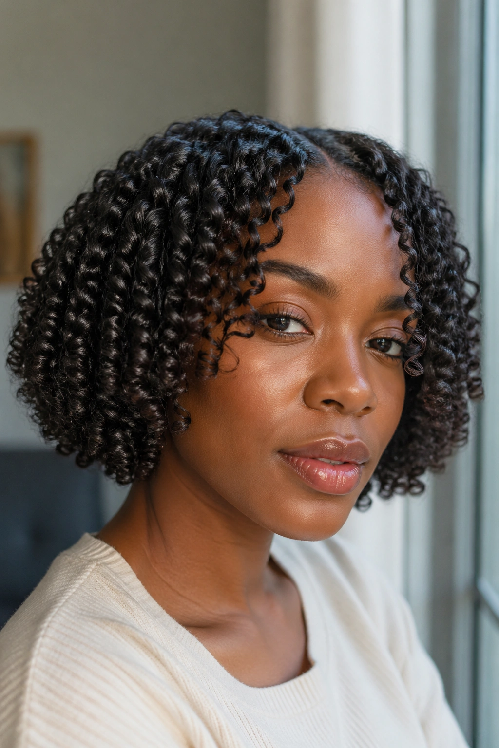 Real person with a comb-defined curly bob hairstyle