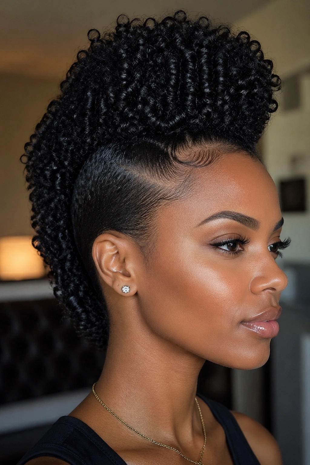 Real person with comb-defined curls forming a mohawk, sides pinned, center strip tall