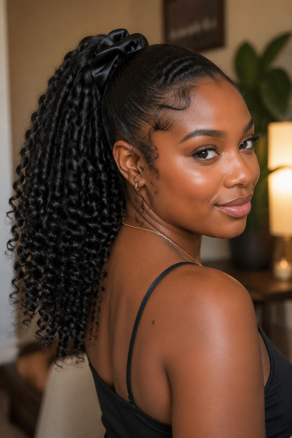 Shoulder-level portrait of a real woman with a protective comb-defined ponytail and satin scrunchie