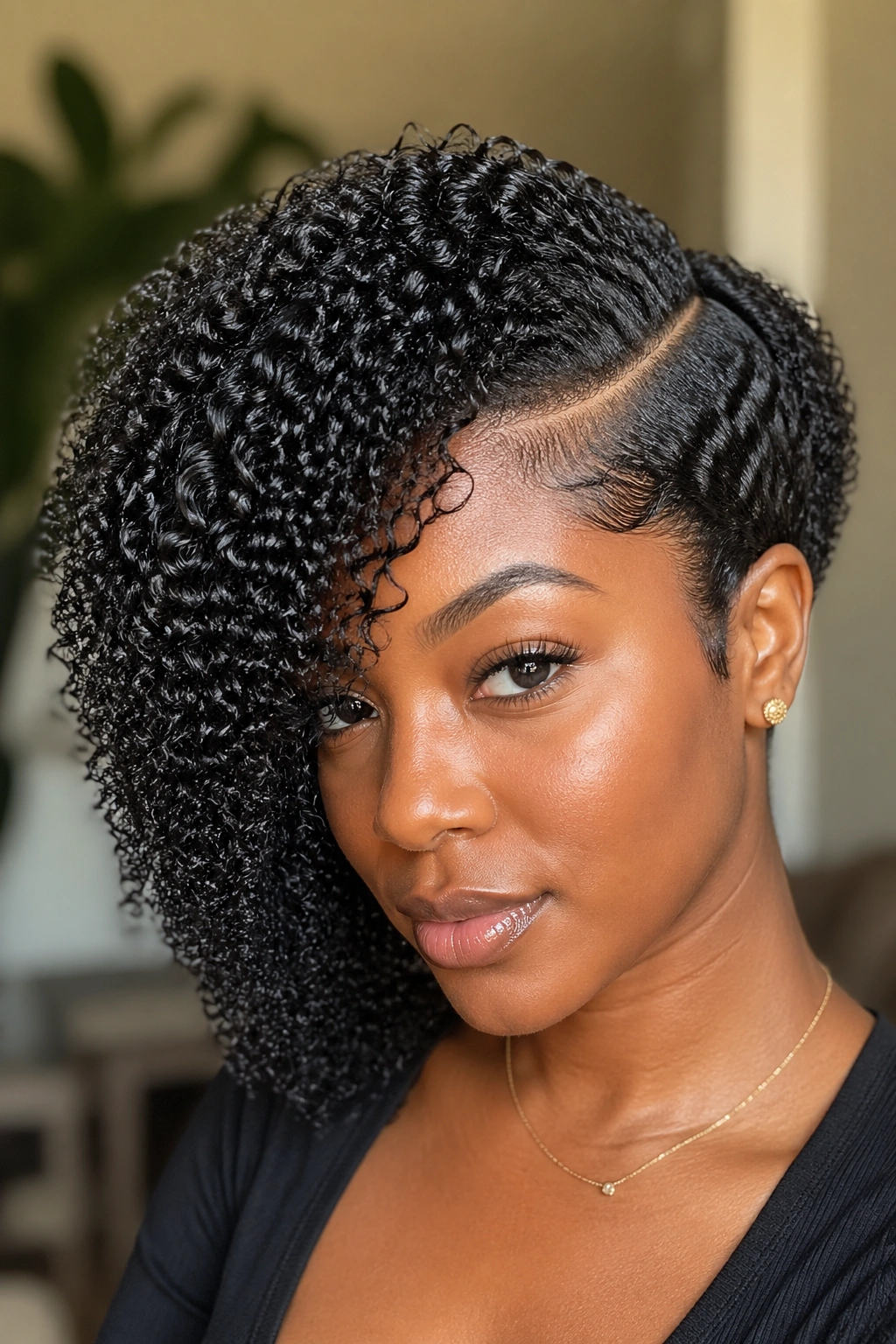 Close-up portrait of a real woman with a deep side-part comb-defined curls for a dramatic side sweep