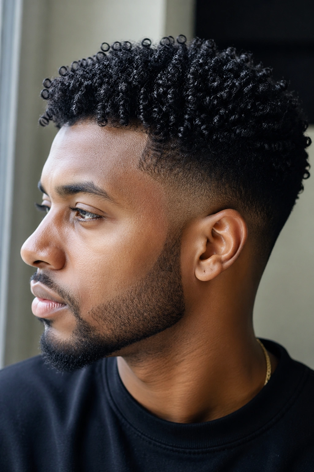 Portrait of a real person with a tapered comb curl style showing top volume and short sides