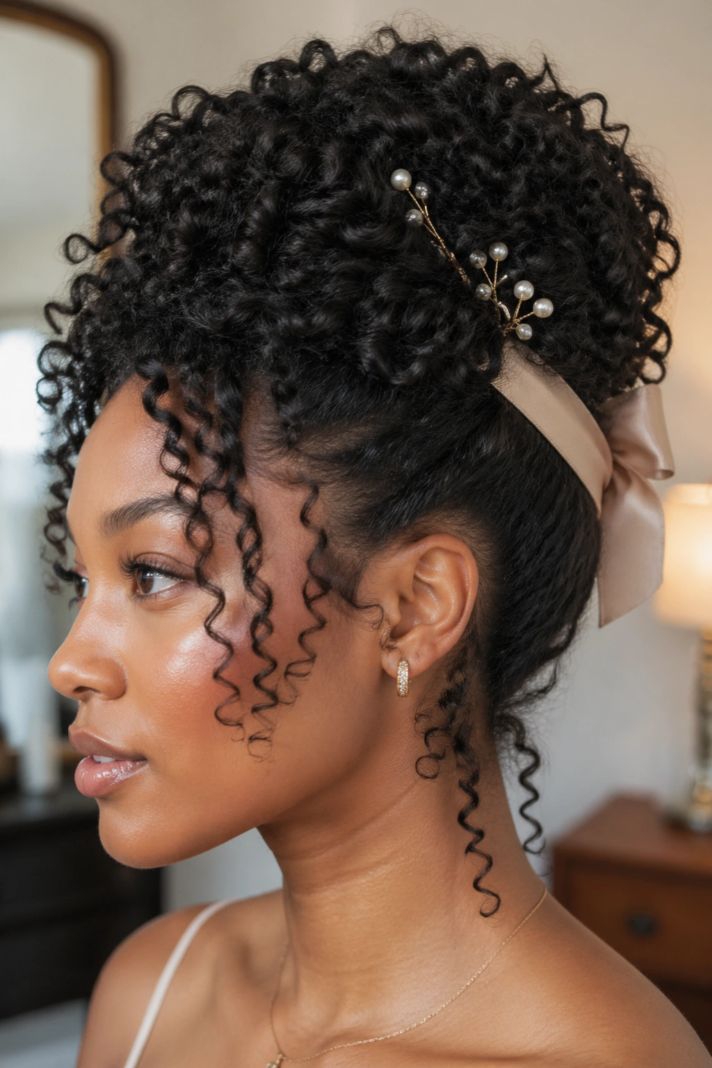 Close-up portrait of a real woman with a comb-defined curls updo and decorative pins