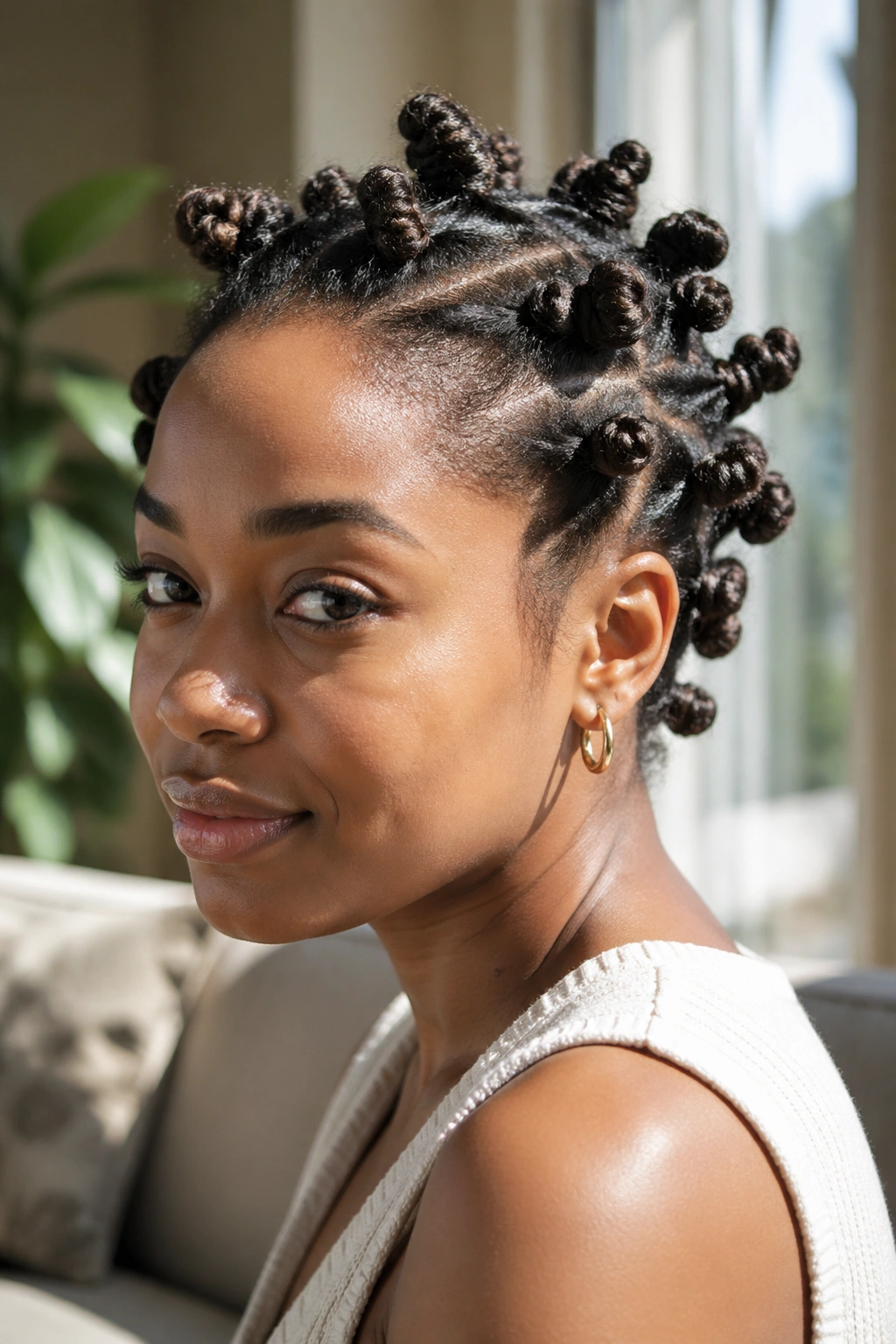 Close-up of a real woman with uniform Bantu knots formed by comb-defined sections in natural light