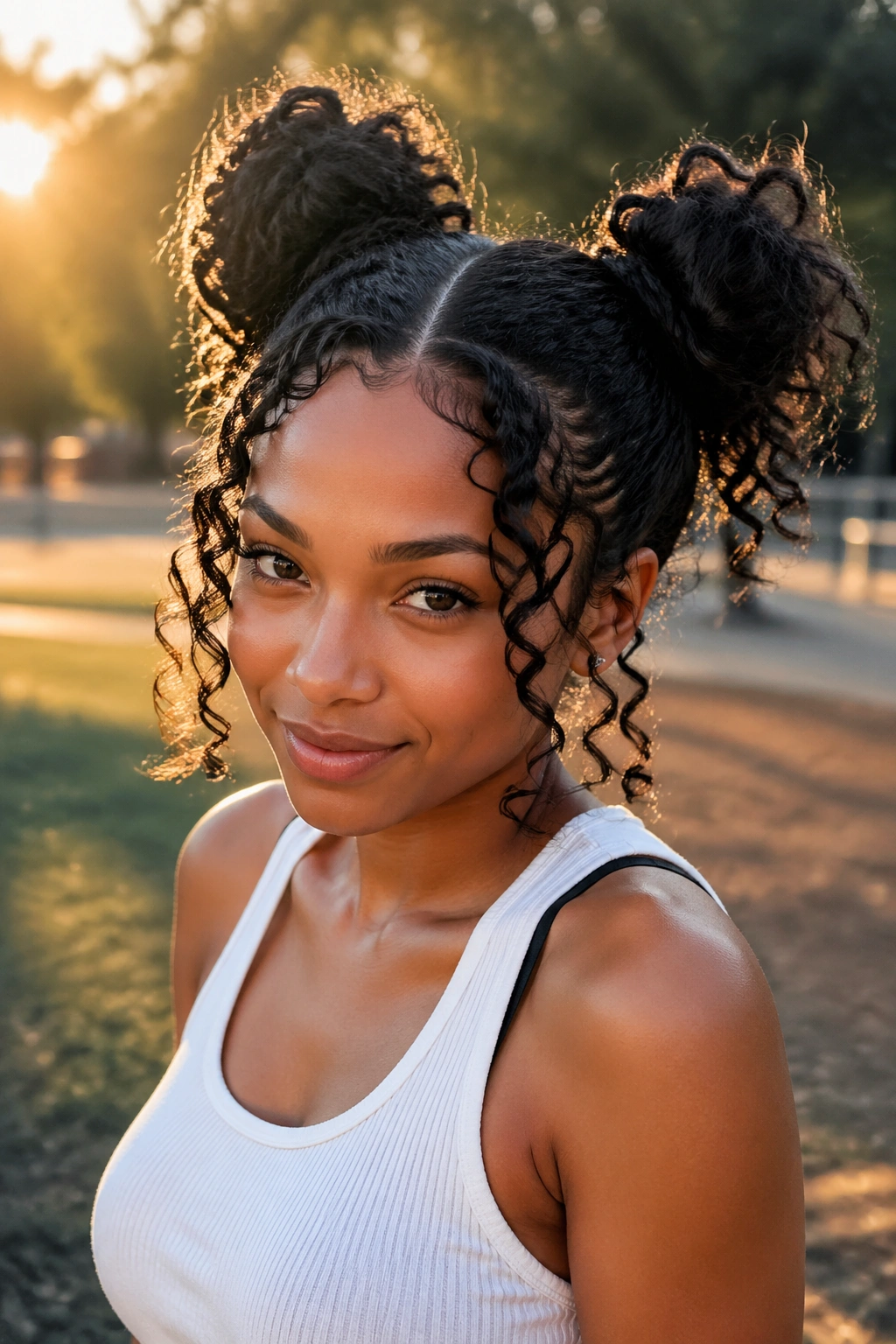 Portrait of a real woman with two high space buns created by comb-defined sections in golden hour light